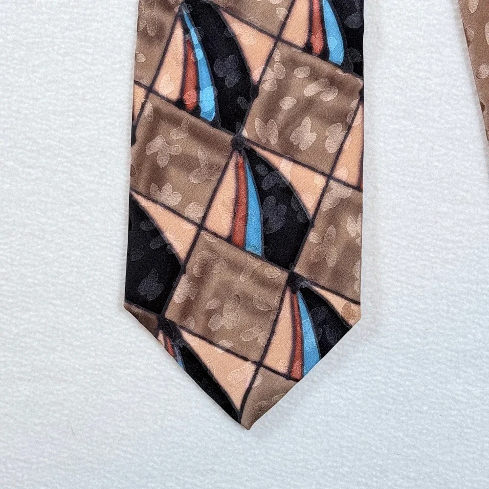 Robert Daskal Necktie Mens OS Brown Handpainted Geometric Silk Gloria Cha Artsy